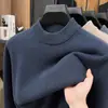 Suéter de malha de lã com gola alta parcial para outono e inverno masculino, cor sólida, espessado para aquecimento, estilo básico simples, adequado para homens de meia-idade, macio