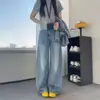 Jeans retos femininos de sarja azul vintage com aspecto desgastado e lavado, calças casuais largas para outono, calças compridas, calças de perna larga, calças de perna curva
