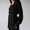 2026 Ropa de Dormir para Mujer de Dos Piezas, Estilo Holgado, Satén Negro, Manga Larga, Pantalón Largo, Suave y Cómodo, Primavera y Verano Europeo y Americano