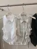 Elegante y Ajustada Camiseta Blanca Plisada sin Mangas Estilo Puro Deseo para Mujer, Nuevo Chaleco Tipo Polo para Verano
