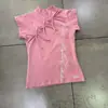Camiseta de Manga Corta Estilo Dulce y Fresco Y2K Nuevo Estilo Chino Cuello Alto Corbata de Moño Rosa Ajustada Top de Trabajo Estampado