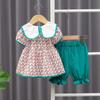 Vestido Conjunto de Manga Curta com Gola Quadrada de Morango para Meninas Calça Média Xadrez para Bebê Menina Conjunto de Peças Estilo Coreano Roupa Infantil 101.25kg