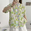 Camisa con Cuello de Muñeca para Mujer Verano Estilo Coreano y Japonés Holgada Estilo Harajuku Pintura al Óleo Graffiti Bolsillo Manga Corta Top Camisa