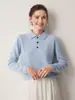 Suéter 100% cachemira pura para mujer, top versátil de punto liso, color liso, cuello polo, jersey, cálido suéter de manga larga