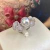 Nuevo Anillo de Perlas con Cuentas de Concha Retro de Diamante de Alto Carbono para Mujer, Dedo Índice Abierto, Lleno de Flores de Zirconia de Diamante, Fresco y Elegante, Combina con Todo