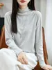 Camiseta de algodão puro de alta qualidade, peso pesado, gola média, manga longa, com decote redondo semi-alto, uma peça básica para mulheres, adequada para primavera, outono e inverno, com um visual jovem