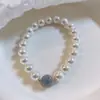 Pulsera de Aguamarina y Perla Blanca Australiana Shijia, Elegante Estilo de Celebridad de Internet, Moda Retro Francesa, Pulsera Elástica Ajustable