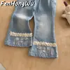 Jeans de Mezclilla con Adorno de Encaje FHW Estilo Nuevo Primavera y Otoño Pantalones de Pierna Recta Sueltos Estilo Coreano para Niños Pantalones de Pierna Ancha Elegantes para Niños Pequeños