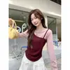 Camiseta Patchwork de Cor Sólida Falsa Duas Peças Manga Longa para Mulheres, Novo Estilo Inverno 2025, Modelagem Justa, Design Estiloso, Camiseta Base
