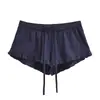 Novos shorts de design listrado escuro azul marinho estilo americano com babados para mulheres, cintura elástica, versáteis, hot pants que alongam as pernas para o verão