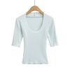 Camiseta Feminina Justa de Manga Três Quartos para Usar por Baixo Decote Redondo Grande Cintura Elástica Look Emagrecedor Top Curto Cor Pura Camiseta Decote V