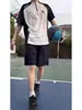 Camiseta de Estilo Jersey Americano Vintage para Hombre, Camisa Polo de Verano con Media Cremallera, Patchwork de Manga Corta, Manga Corta para Deportes al Aire Libre