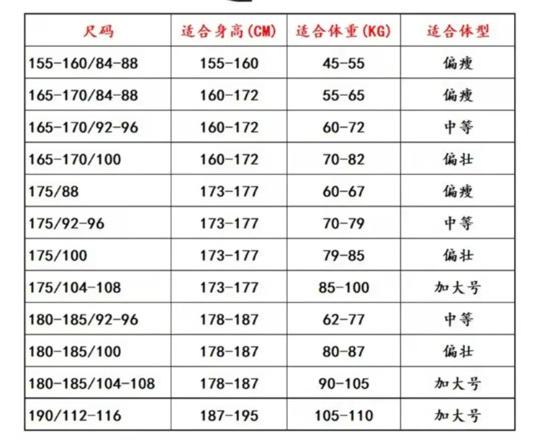 体能服尺寸