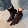 Botines Estrechos de Tacón Alto con Cremallera Trasera para Mujer Chuyuji, Botines Elegantes de Tobillo con Hebilla de Gamuza y Punta Fina, Botines Individuales Retro de Tacón Delgado