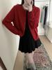 Suéter de Lã Feminino Novo Outono e Inverno Estilo Coreano Fio Floral Cor Sólida Gola Redonda Renda 100% Lã Tricô Cardigan Suéter