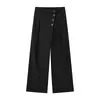 Diseño de botón inclinado, pantalones anchos plisados con cintura elástica en la parte trasera, corte holgado, con caída, aptos para todas las estaciones, pantalones casuales para hombre