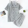Pijama de algodão feminino manga curta shorts verão conjunto casal gaze de algodão Xadrez masculino casual para casa plus size