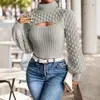 Otoño e Invierno Europeo y Americano Suéter de Cuello Alto Azul Tejido Calado Trenzado Manga de Farol Ajustado Moda Transfronteriza Tejido Sexy