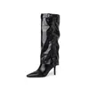 Botas de Perna de Calça Removível Femininas Salto Agulha Alto Botas Longas Chegada Nova de Inverno Couro Bovino Bico Fino Puxar Botas Acima do Joelho Botas Longas de Perna Reta Femininas