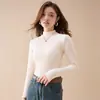 Top de manga larga, con cuello semi-alto, forro polar, engrosado, corte ajustado y diseño casual, cálida camiseta básica de cuello semi-alto para mujer