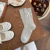Meias Finas de Primavera e Verão Estilo Japonês Feminino Meias de Cano Médio com Laço de Fita Bolinhas Renda Vazada Borda Enrolada Meias Amontoadas Meias Longas Sem Costura