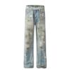 D1625 Jeans Masculino Lavado Tendência High Street Retrô Americano Unissex com Design de Cor Suja Borrifada à Mão High-End
