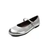 Sapatos Mary Jane Prateados para Mulheres, Sapatos Planos de Uma Tira, Novo Modelo de Primavera, Couro Genuíno, Bico Redondo, Sapatos de Uma Tira de Boca Rasa para Mulheres