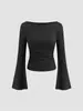 2024 Otoño e Invierno Nuevo Top de Manga Trompeta para Mujer con Cuello Barco Color Sólido Plisado Manga Larga Moda Sencilla Camiseta