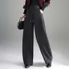 Calça de lã moderna de perna larga e corte curvo para mulheres, novo estilo outono/inverno 2026, calça casual alta de cintura alta que afina, calça longa elegante