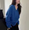 Suéter Pulôver Klein Blue com Decote V de Veludo de Mínk Estilo Preguiçoso Solto para Mulheres com Tops Versáteis de Nicho para Outono e Inverno