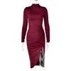 Nueva moda de otoño para Europa y EE. UU.: vestidos sencillos y elegantes de cuello alto, sexys y estilosos de cintura alta, ajustados y con abertura, largos