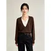 Cárdigan de punto con cuello en V y bloques de color, estilo dos piezas falsas para mujer, diseño de manga larga para otoño e invierno, abrigo suéter de lana en capas en negro