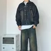 Jaqueta jeans azul vintage curta com ombreiras para homens, conjunto jeans cleanfit de primavera e outono, jaqueta de workwear estilo americano