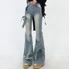 Jeans Feminino de Verão Fino Estilo Americano Retrô com Barra Micro Flare e Tiras de Borboleta Preta, Nicho, Cintura Alta, Afinando, Calça Mop
