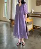 Vestido de Verano 2026 Estilo Nuevo Floral Morado Suave y Elegante Romántico Cuello en V Adelgazante Algodón Lino