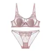 Conjunto de lencería estilo francés con tirantes sensuales, copas de orejas de conejo, encaje bordado, sujetador push-up para busto pequeño anti-caída