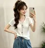 Gola de cor contrastante com detalhe de gravata, top de malha de manga curta, nova moda de verão, estilo coreano, modelador e versátil
