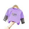 Camiseta de manga larga con estampado de dibujos animados, elegante y linda, estilo coreano, para bebés niños, ropa de otoño, algodón puro, retazos, imitación de dos piezas