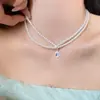 Colar de Pérolas Água-Marinha em Camadas Duplas para Mulheres, Corrente para Clavícula com Pingente de Gota d'Água, Corrente de Pescoço Levemente Luxuosa e de Alto Padrão