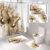 Nuevo juego de alfombrilla de baño y cortina de ducha de franela estampada con mariposas y flores, un accesorio de baño de cuatro piezas para uso doméstico, diseñado para la decoración del baño y la prevención de moho.