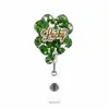 Porta-insignia de enfermera acrílico verde trébol retráctil fácil de jalar con clip giratorio de purpurina