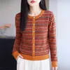 Cárdigan de punto jacquard a rayas Fair Isle retro, suéter de cuello redondo color block para mujer, ajuste holgado y cálida capa base