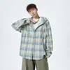 Camisa de Manga Larga con Capucha a Cuadros Estilo Retro Americano para Mujer, Camisa con Capucha Holgada de Marca de Moda Otoñal, Top Casual de Abrigo