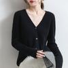 Chaqueta cárdigan de lana de punto con cuello en V a rayas para mujer de principios de otoño, top corto sencillo de estilo occidental fino