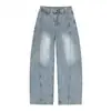 Chegada Nova de Outono Jeans Azul Retrô Americano Lâmina Curva Unissex Design de Ajuste Limpo Corte Inclinado Perna Larga Calça Longa