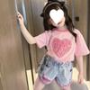 Ropa para niños al por mayor traje de niña verano 25 nuevo lentejuelas para niños amor manga corta top jeans rotos conjunto de dos piezas