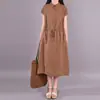 Verano Nuevo Estilo Coreano Holgado Tallas Grandes Moda Femenina Cintura de Corbata Adelgazante Elegante Color Sólido Vestido de Algodón y Lino para Mujer