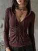 2026 Nueva Sudadera con Capucha y Escote en V de Manga Larga, Otoño Plisada Ajustada Corta Retro Americana Top de Chica Popular Ropa para Mujer