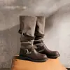 Versão em couro macio~Botas western cowboy estilo vintage com bico redondo, fivela de cinto e salto grosso, botas curtas versáteis e que afinam a silhueta para mulheres, botas com salto bloco
