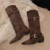 Botas de Tacón Grueso Marrones Puntiagudas para Mujer Botas Largas 2026 Nuevo Otoño Retro Adelgazantes Alargadoras Estilo Coreano Botas Largas de Jinete